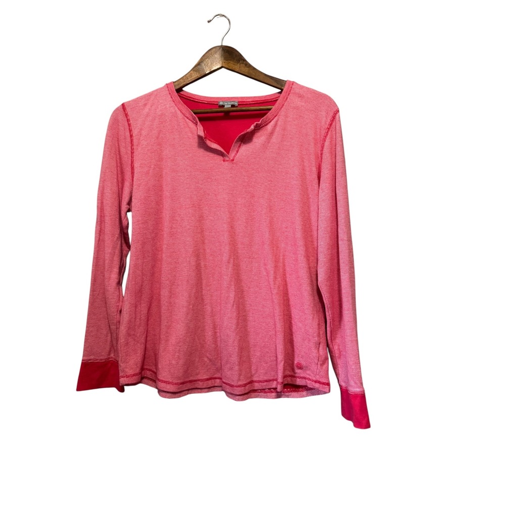T by Talbots Top Womens Large Pink Excellent Striped Long Sleeve Split Neck